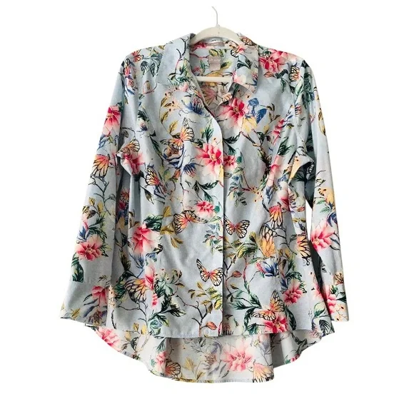 Chico’s No Iron Butterfly Floral Button-Up Shirt Women Size 12/14 Preppy Office - Picture 3 of 12